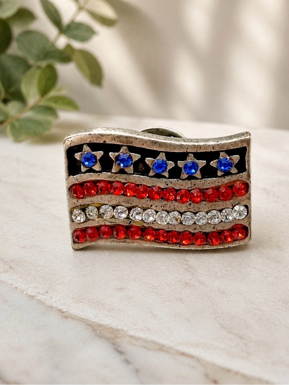 American Flag Silver Brooch Pin Red Clear & Blue Rhinestones